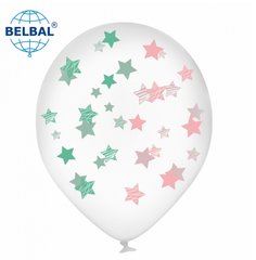 Латексный шар Belbal 12” Мятные и розовые звезды на прозрачном (1 шт)