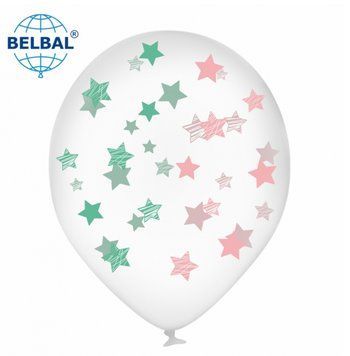 Латексна кулька Belbal 12&rdquo; М'ятні та рожеві зірки на прозорому (1 шт)