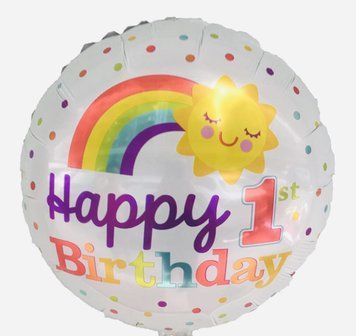Фольгована кулька 18" круг Happy Birthday 1st білий веселка і сонце Китай