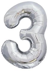 Фольгована кулька цифра «3» Срібло 76 см Під гелій в уп. (Китай)