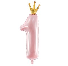 Фольгований шар PartyDeco цифра «1» з короною рожева (100см)