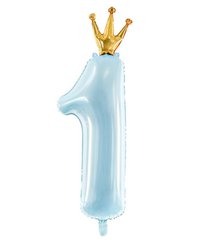 Фольгований шар PartyDeco цифра «1» з короною блакитна (100см)