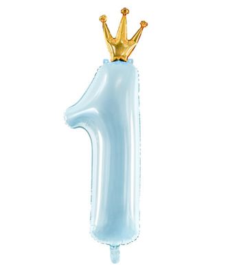 Фольгированный шар PartyDeco цифра «1» с короной голубая (100см)