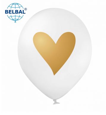 Латексный шар Belbal 12″ Золотое Сердце на белом (1 ст) (1 шт)