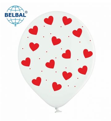 Латексный шар Belbal 12" Сердечки красные на белом (1 шт)