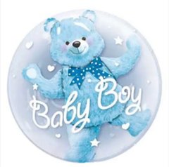 Воздушный шар Сфера Bubbles (баблс) 24” Прозрачный с голубым мишкой Baby boy (60 cм) (Китай)