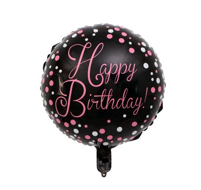 Фольгированный шар 18” круг Happy Birthday розовый на чёрном Китай