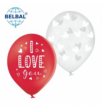 Латексна кулька Belbal 12"  i love you,мiкс білі кривульки сердечка на прозорому, червона (25 шт)