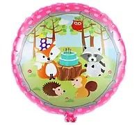 Фольгована кулька 18” круг лесные звери розовый Китай
