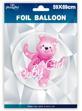 Воздушный шар Сфера Bubbles (баблс) 24” Прозрачный с розовым мишкой внутри Baby girl (60 см) (Польша)