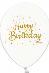 Латексна кулька Belbal 12” "Happy Birthday" золото на білому (2 ст) (1 шт)