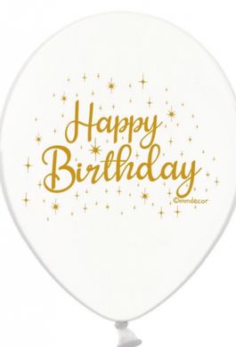 Латексный шар Belbal 12” "Happy Birthday" золото на белом (2 ст) (1 шт)