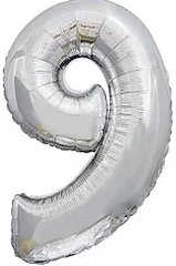 Фольгированный шар цифра «9» Серебро 70 см воздух (Китай)