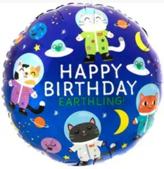 Фольгована кулька 18" Коло Happy Birthday котики в космосі синя (Китай)