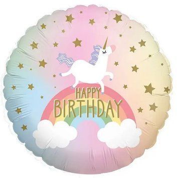 Фольгированный шар 18&Prime; круг "Happy Birthday" единорог на радуге (Китай)